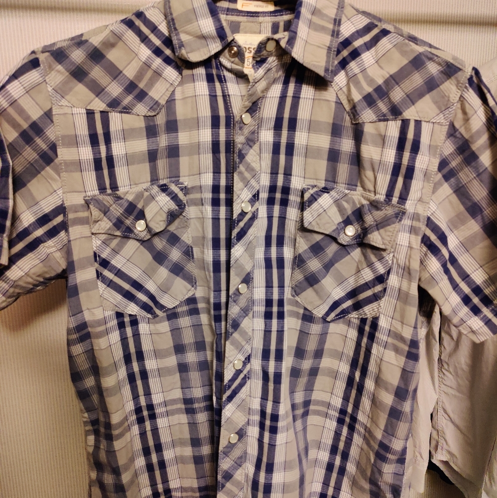 MENS FOSSIL SNAP BUTTON SHORT SLEEVE SHIRT BLUE SIZE MEDIUM VINTAGE WESTERN LOOK